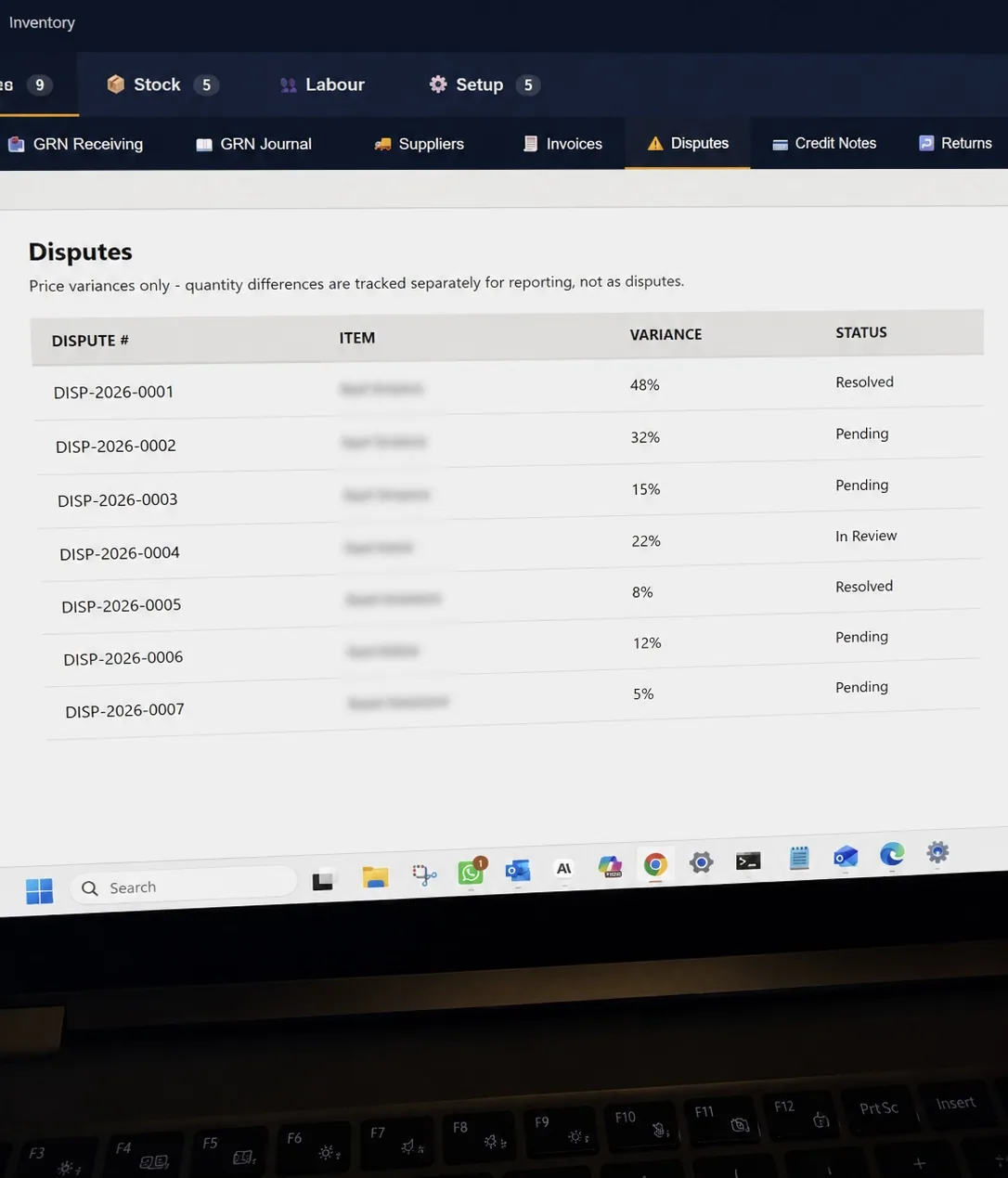 Supplier price-dispute screen