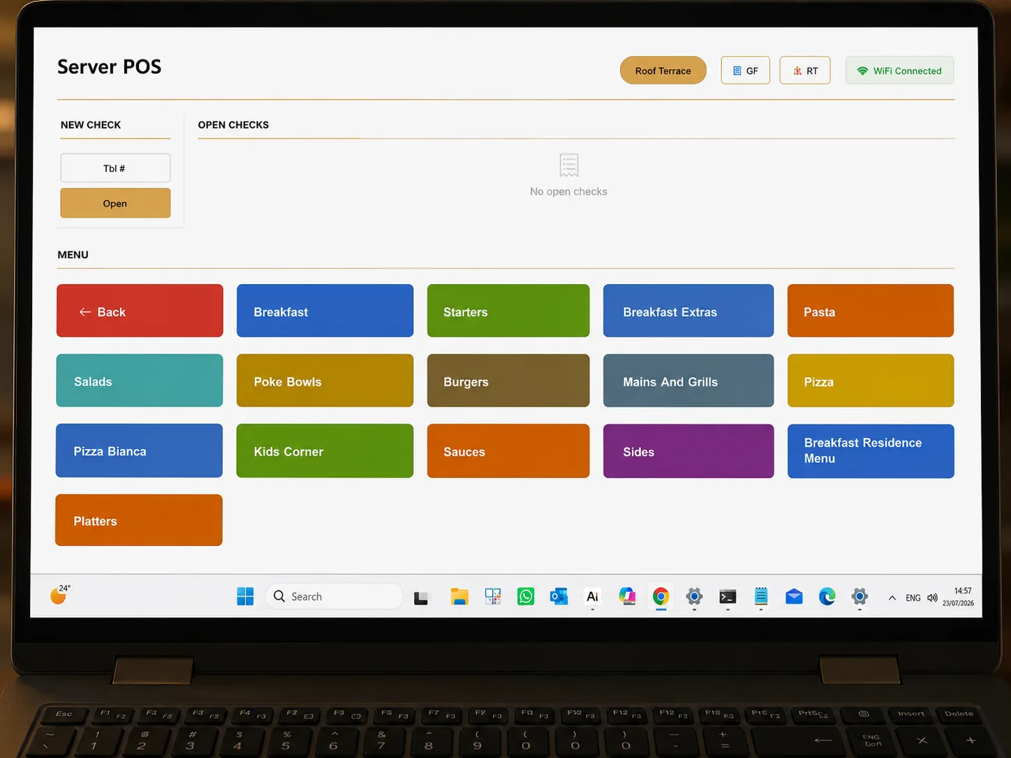 Cost Navigator Pro restaurant tables and payment screen on a laptop
