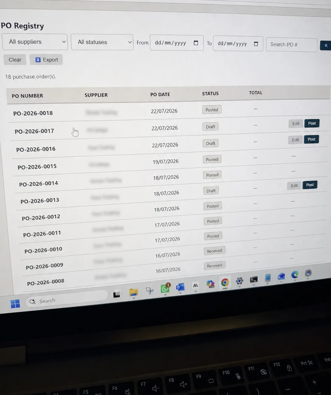 Purchase order registry